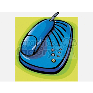 A colorful clipart image of a blue office telephone with multiple buttons on a green background.