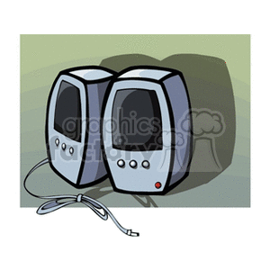 A pair of clipart speakers connected by a wire, representing household electronics.