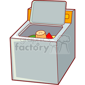 Clipart image of a top-loading washing machine with clothes inside.