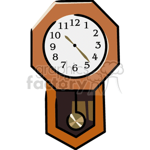 Clipart image of a wall clock with a wooden body and a pendulum. The clock has black numbers and black hands.