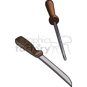 Clipart image of a kitchen knife and sharpener with wooden handles.