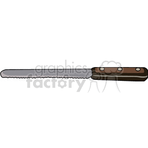 Clipart image of a serrated kitchen knife with a brown handle.