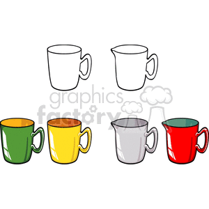 A collection of colorful clipart images of cups and mugs, including green, yellow, gray, and red designs.