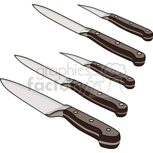 A collection of five kitchen knives with brown handles arranged in a row, illustrating various sizes.