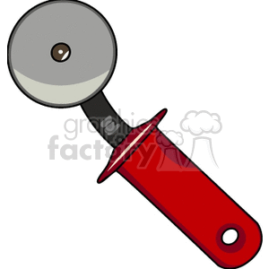 Illustration of a pizza cutter with a red handle and round blade.