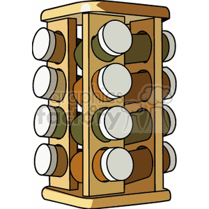 Illustration of a wooden spice rack filled with jars of various spices.