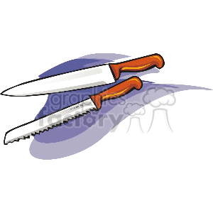 Clipart image of two kitchen knives with orange handles, one chef's knife and one serrated bread knife.