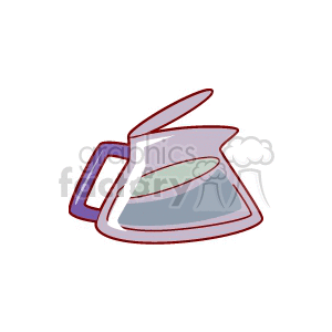 Illustration of a transparent coffee pot with a purple handle and open lid.