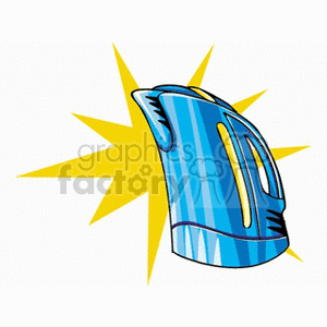 Colorful clipart of a modern electric kettle with a stylized starburst background.