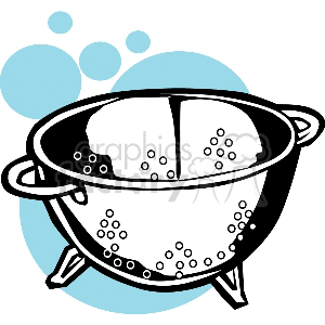 A stylized clipart image of a kitchen colander with handles, depicted with blue circles in the background.