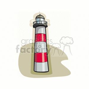 Clipart image of a lighthouse with red and white stripes, standing against a plain background.