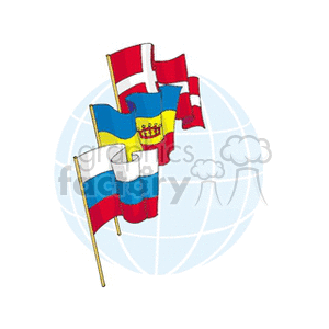 The image contains a graphic representation of four international flags displayed in front of a stylized globe. The flags represent Denmark, Andorra, and Russia. The flag of Denmark is red with a white Scandinavian cross, the flag of Andorra is tricolor with blue, yellow, and red vertical stripes and a coat of arms, and the Russian flag is white, blue, and red horizontal stripes.