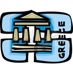 The image is a stylized clipart representation of a Greek theme. It features a prominent illustration of an ancient Greek temple with columns and a pediment. The color scheme employs shades of blue and tan which may allude to the Greek national colors. Beneath the temple, the word GREECE is written, reinforcing the national theme. The background appears to be a simplified version of the Greek flag, with the temple illustration overlaying it.
Concise 