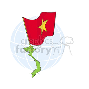 The clipart image features the flag of Vietnam, which is a red flag with a yellow star in the center, positioned on a pole that appears to be planted on a simplified, green map of Vietnam. Behind the flag and map is a stylized depiction of a globe, mostly in shades of blue, indicating international context.