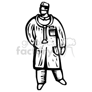 This is a black and white clipart image of a person dressed in medical surgical attire. The figure appears to be wearing a surgical gown, gloves, and a mask, typically seen on medical professionals in an operating room scenario.
