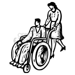 This clipart image depicts a person sitting in a wheelchair with another individual standing next to them, appearing as though offering assistance or company. Both figures are stylized silhouettes, giving the impression of care and mobility assistance.