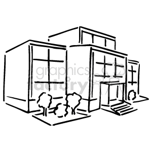 A black and white clipart image of a hospital building with large windows and a few trees in front.