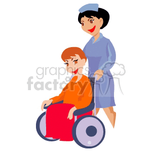 This clipart image features a nurse assisting a patient in a wheelchair. The nurse is dressed in a blue uniform and is standing behind the wheelchair, pushing it. The patient is seated in the wheelchair, wearing an orange top and a red blanket or cover over their legs.