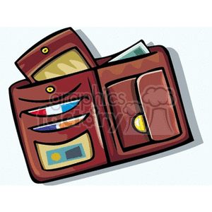 Clipart image of an open brown wallet with cards, cash, and a coin pocket.
