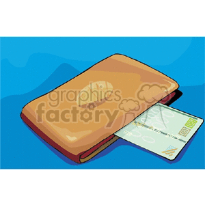 Clipart image of a brown wallet with a visible card partially sticking out. The wallet features a circular emblem on the front, and the card has abstract designs.