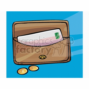 A clipart image of an open brown wallet with a credit card inside and two coins next to it, set against a blue background.