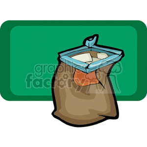 A clipart image of a brown purse filled with various items, with a green rectangular background.