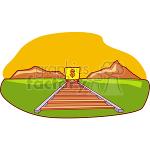 A clipart image featuring a railroad track leading towards a yellow box with a dollar sign, set against a background of green fields and mountains with a yellow sky.