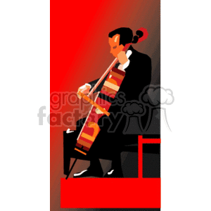 A stylized clipart image of a musician playing a cello in an orchestra setting.