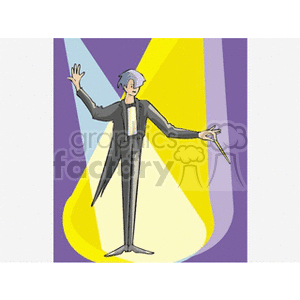 A stylized clipart image of a conductor standing with a baton, directing an orchestra under colorful spotlights.