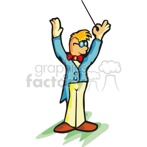 Cartoon illustration of a music conductor wearing glasses and a blue jacket, energetically leading an orchestra.