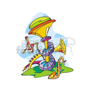 Colorful clipart of various musical instruments including horns and a saxophone in an abstract style.