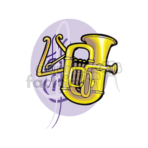 Clipart of a tuba with a treble clef in the background.