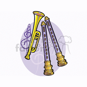 Clipart image of a trumpet and bagpipe chanters with a purple treble clef in the background.