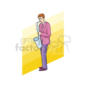 Clipart image of a musician playing a saxophone, wearing a pink jacket and purple pants against a yellow gradient background.