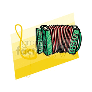 Clipart image featuring an accordion with a treble clef in the background.