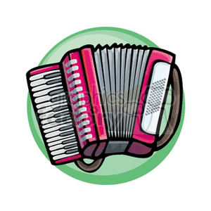 A colorful clipart image of an accordion with keys and a bellows, set against a green circular background.