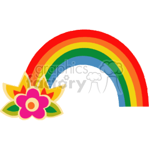 The image is a clipart featuring a colorful rainbow with one of its ends leading to a vibrant flower. The flower has multiple layers of petals in various colors and a central part with contrasting colors.