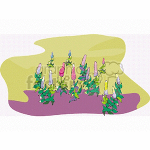 Colorful clipart of stylized flowers in a grassy setting.