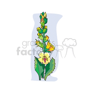 A colorful clipart image of a flowering plant with yellow blooms and green leaves.