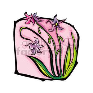 Illustration of stylized purple and pink flowers with green stems and leaves.