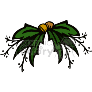 The clipart image depicts a stylized pair of green leaves with two brown/yellow flower buds in the center, and delicate black stem-like decorations or possibly small leaves extending outward around the leaves and flower buds. It has a simple and clear outline, typical of clipart, and the color scheme is limited to green, yellow, brown, and black.