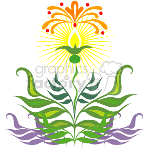 This clipart image depicts a stylized flower with a variety of colors and patterns. The flower has green leaves at the base, purple and green foliage surrounding the stem, and a bright central blossom with yellow radiating lines and red accents. A single flame-like element is at the heart of the flower, adding to its decorative and fantastical appearance.