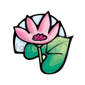 A colorful clipart illustration of a pink flower with green leaves, depicting nature's beauty.