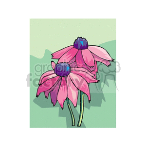 Illustration of two pink flowers with blue centers on a green background.