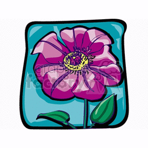 A vibrant and colorful clipart image of a purple flower with green leaves on a blue background.