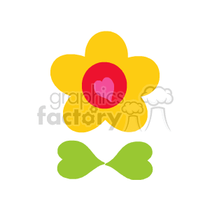 The image is a simple illustration of a flower with a yellow petal design, a red heart-shaped center, and green leaves at the base.