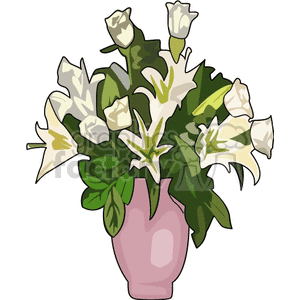 Clipart image of a bouquet of white lilies in a pink vase.