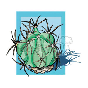   The clipart image depicts a stylized drawing of a round, green cactus with several long, black thorns protruding from it. The cactus appears to have white highlights on some parts, suggesting a light source, and it
