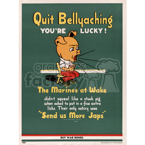 A World War II propaganda poster features a cartoon pig. The poster text encourages civilians to buy war bonds and stop complaining, citing the Marines at Wake Island.