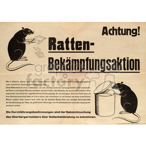 A German poster featuring a rat with text about a rat control campaign. The poster shows an alert with the title 'Ratten-Bekmpfungsaktion' and an image of a rat examining plans and another rat interacting with a waste bin.